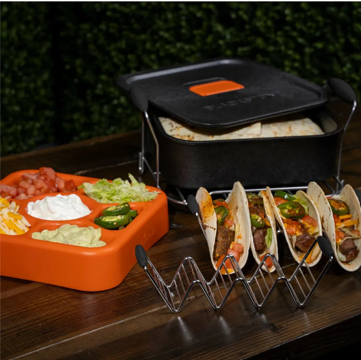 Blackstone Taco Kit: Complete taco serving accessory set for effortless preparation and presentation, including tortilla warmer, toppings tray, and wire taco racks.