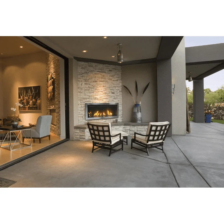 Sierra Flame Tahoe 45" Outdoor Direct Vent Linear Fireplace features all stainless steel construction, a clean face or built-in trim look, and includes rock and Black Onyx fire glass media within its stainless steel frame.