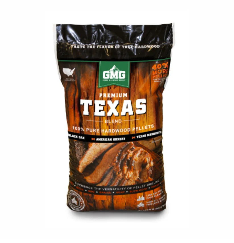 Premium Texas Blend Wood Pellets - A rich blend of Black Oak, American Hickory, and Texas Mesquite, delivering authentic, bold smoke for classic backyard barbecue.