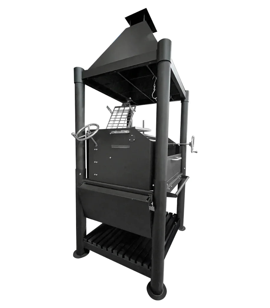 Tagwood "The Beast" Santa Maria Style Grill - Black: Bold, all-black Argentine firewood and charcoal grill with six distinct grilling surfaces, including dual adjustable grates, clamp grill, swivel grate, griddle, warming rack, and S-shaped meat hooks.