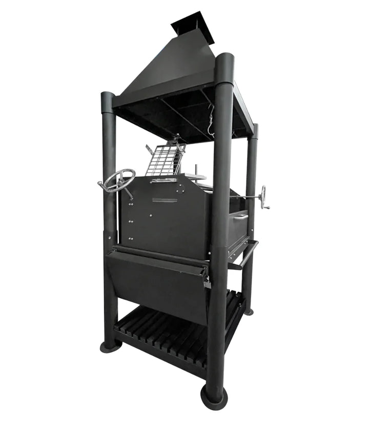 Tagwood "The Beast" Santa Maria Style Grill - Black: Bold, all-black Argentine firewood and charcoal grill with six distinct grilling surfaces, including dual adjustable grates, clamp grill, swivel grate, griddle, warming rack, and S-shaped meat hooks.