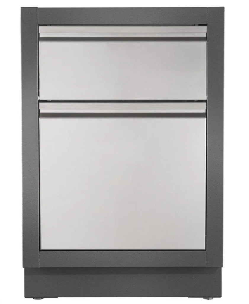 Napoleon OASIS 200 Modular Outdoor Kitchen Island Kit with 700 Series 32-inch Gas Grill features sleek wing-shaped design, stainless steel doors, and powder-coated galvanneal steel cabinets for exceptional durability.