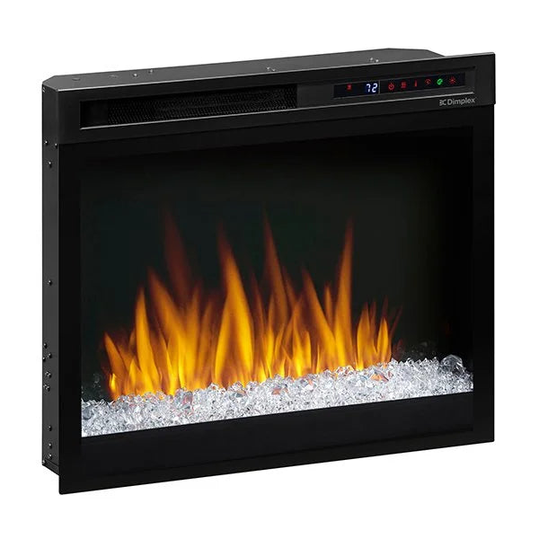 Dimplex Nova 28" Multi-Fire XHD Plug-in Electric Firebox features high-contrast flames and multi-flame technology with customizable settings, integrated heater, and various media options including Acrylic Ice and traditional logs.