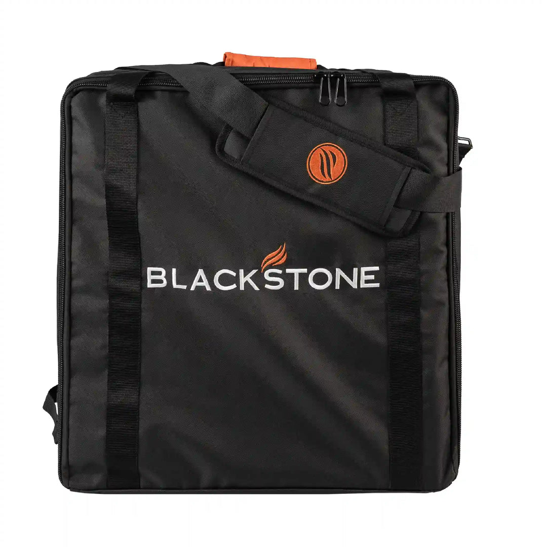 Blackstone Original 17" Griddle Carry Bag: Durable weather-resistant carry bag designed to fit all 17" Blackstone tabletop griddles, including models with hard cover or hood, featuring padded shoulder strap and reinforced zippers for convenient and rugged portability.