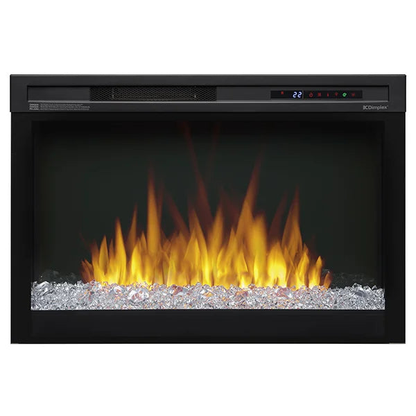 Dimplex Nova 33" Multi-Fire XHD Plug-in Electric Firebox: sleek black glass design featuring high-contrast flames, multi-flame technology, and adjustable ember bed lighting for a cozy ambiance with powerful fan-forced heating up to 1,000 sq. ft.