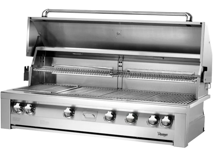 Vintage 56" Built-In Gas Grill with Sear Zone, stainless steel construction, three high-powered burners, infrared sear zone, rotisserie burners, and smoker burner for versatile outdoor cooking.