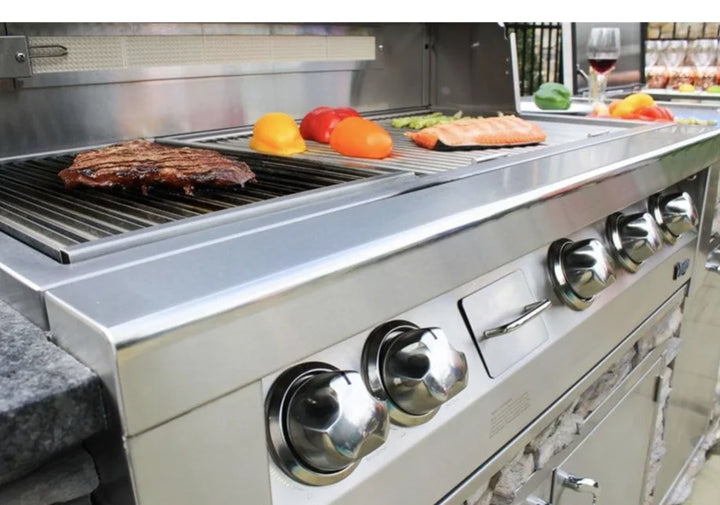 Vintage 56-Inch Built-In Gas Grill with Sear Zone: Polished stainless steel construction, three 27,500 BTU burners, infrared sear zone, dual rotisserie burners, and dedicated smoker burner for outdoor culinary excellence.