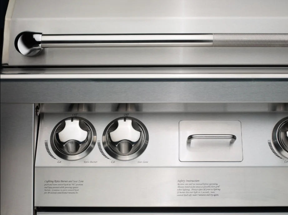 Vintage 42-Inch Built-In Gas Grill features polished stainless steel construction, three 27,500 BTU burners, and an infrared rotisserie burner for even heat distribution across its expansive 779.63 sq. in. cooking surface.