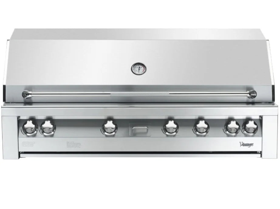 Vintage 56-Inch Built-In Gas Grill features premium stainless steel construction, four high-powered 27,500 BTU burners, and expansive 998.83 sq. in. cooking surface with ceramic briquettes.