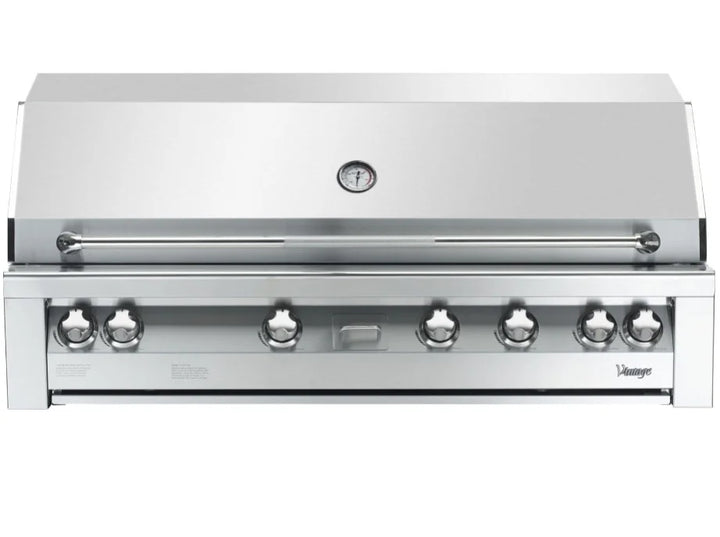 Vintage 56-Inch Built-In Gas Grill with Sear Zone, polished stainless steel construction, large cooking surface, infrared sear zone, three 27,500 BTU burners and dual rotisserie burners.