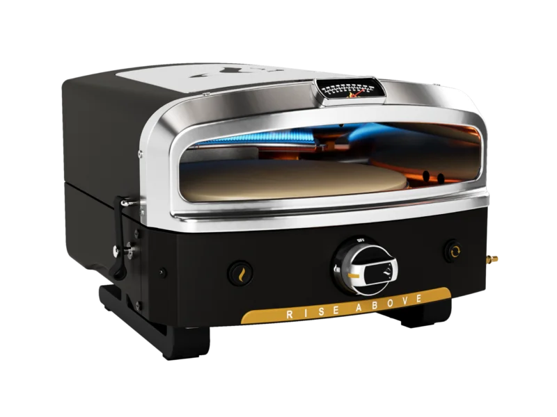 Halo Versa 16" Pizza Oven with 360° rotating cordierite stone and patented dual burner system reaching up to 950°F for authentic wood-fired-style pizzas in minutes.