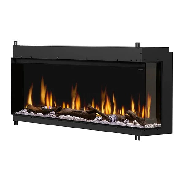 Dimplex IgniteXL Bold 60" Smart Linear Multi-Side View Built-In Electric Fireplace featuring realistic flames, multi-media bed with crystals and driftwood logs, and adjustable accent lighting.