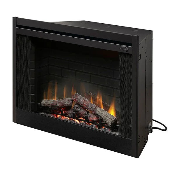 Dimplex 45" BF Deluxe Built-in Electric Firebox/Fireplace featuring faux brick interior, LED inner glow logs, and manual switches for independent flame and heater control in glass doors option.