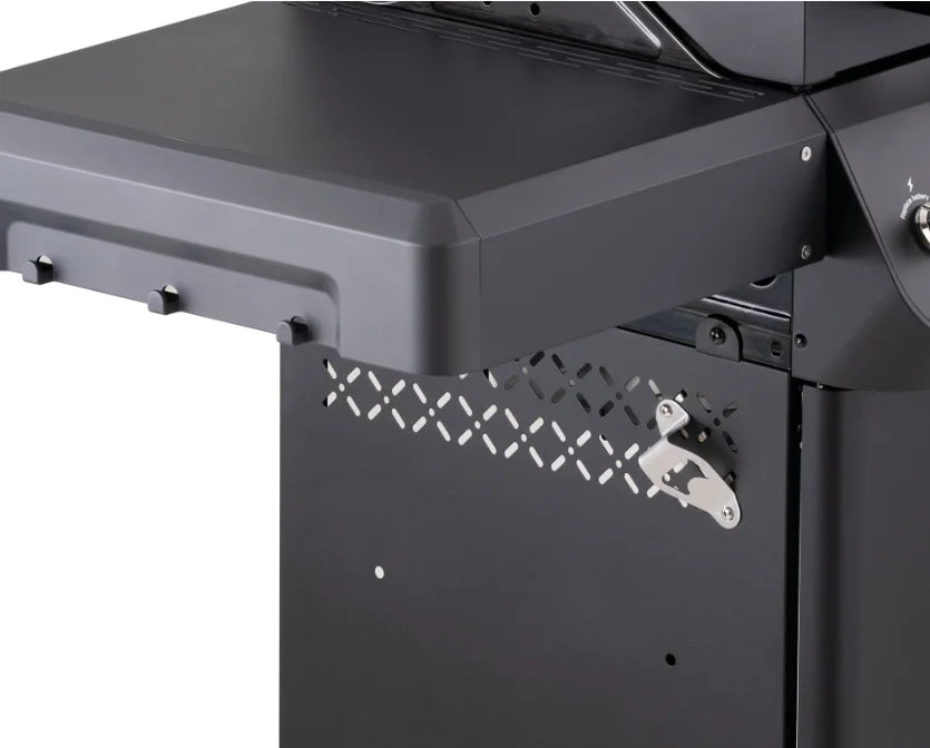 Monument Grills Mesa Series M220 Gas Grill - Compact 2-Burner Propane Grill featuring durable black powder-coated steel construction, porcelain-coated cast iron grates, and powerful 30,000 BTU heat output for even cooking performance.