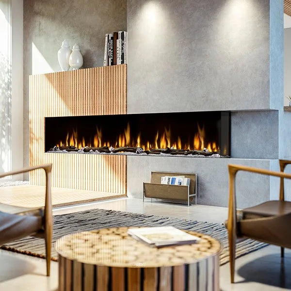 Dimplex IgniteXL Bold 100" Smart Linear Multi-Side View Built-In Electric Fireplace features flexible display options, patented mirror effect, advanced controls, and multi-color flame settings in three styles or simultaneously with acrylic crystals and natural-looking driftwood.