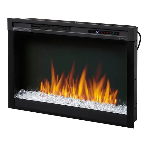 Dimplex Nova 33" Multi-Fire XHD Plug-in Electric Firebox: Sleek black glass design featuring high-contrast flames, multi-flame technology, and remote control for customizable ambiance with realistic ember bed lighting options and integrated heater for efficient fan-forced heating up to 1,000 sq. ft.