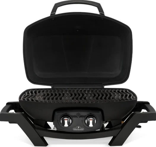 Napoleon TravelQ Pro285 portable gas grill features sleek all-black design with refined chrome accents, high-topped cast aluminum lid, dual stainless steel burners for precise temperature management and 285 sq. in. of cooking space.