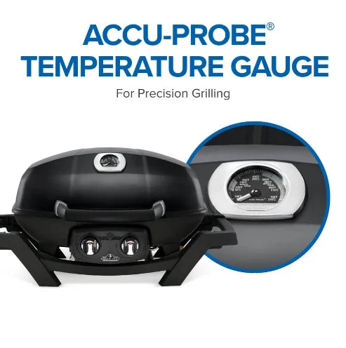 Napoleon TravelQ Pro285 portable gas grill features sleek all-black design with refined chrome accents, high-topped cast aluminum lid, and wind-resistant build for versatile outdoor cooking.