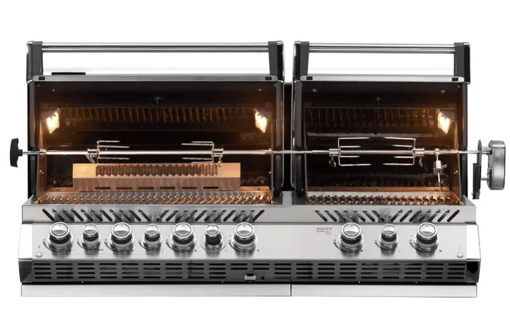 Napoleon Prestige Pro 825 Built-in Gas Grill features two independent grill heads, 106,000 BTUs, and 1,245 sq. in. total cooking area for versatile grilling.