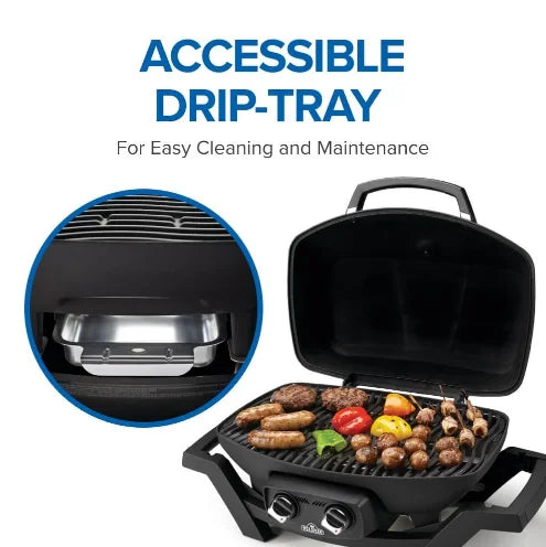 Napoleon TravelQ Pro285 portable gas grill features sleek all-black design with chrome accents, high-topped cast aluminum lid, and 285 sq. in. cooking surface perfect for outdoor adventures.
