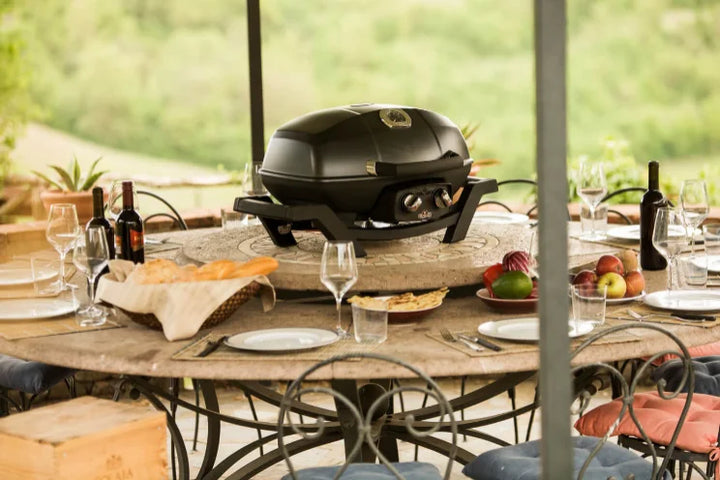 The Napoleon TravelQ Pro285 Portable Gas Grill features sleek all-black design with chrome accents, cast aluminum lid, and stainless steel burners for precise temperature control and 285 sq. in. cooking surface perfect for up to 17 burgers.