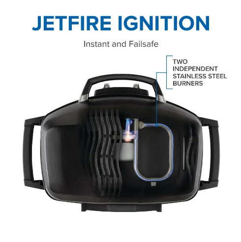Napoleon TravelQ Pro285 - Portable Gas Grill, sleek all-black design with chrome accents, high-topped cast aluminum lid and wind-resistant build, dual stainless steel burners for precise temperature management, 285 sq. in. cooking surface, porcelainized cast iron WAVE grids for even heat retention and sear marks.