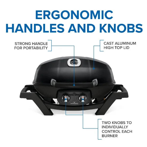 Napoleon TravelQ Pro285 portable gas grill featuring sleek all-black design, dual stainless steel burners, and 285 sq. in. cooking surface for gourmet grilling adventures.