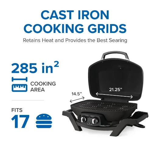 Napoleon TravelQ Pro285 - Portable Gas Grill: Sleek all-black design, high-topped cast aluminum lid, and wind-resistant build for versatile outdoor cooking with 285 sq. in. of space, dual stainless steel burners, and porcelainized cast iron WAVE grids.