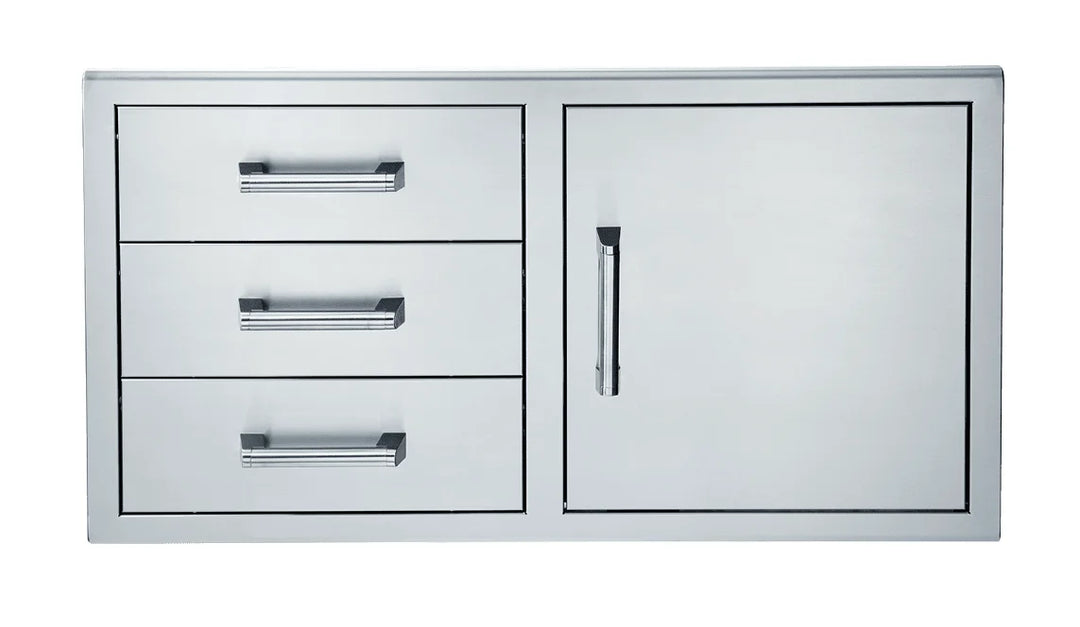 Broilmaster G Series 42" Door + Triple Drawer Combo: Premium 304 stainless steel outdoor kitchen storage unit with soft-close drawers and wide utility access door for effortless organization and versatility in large grill island designs.