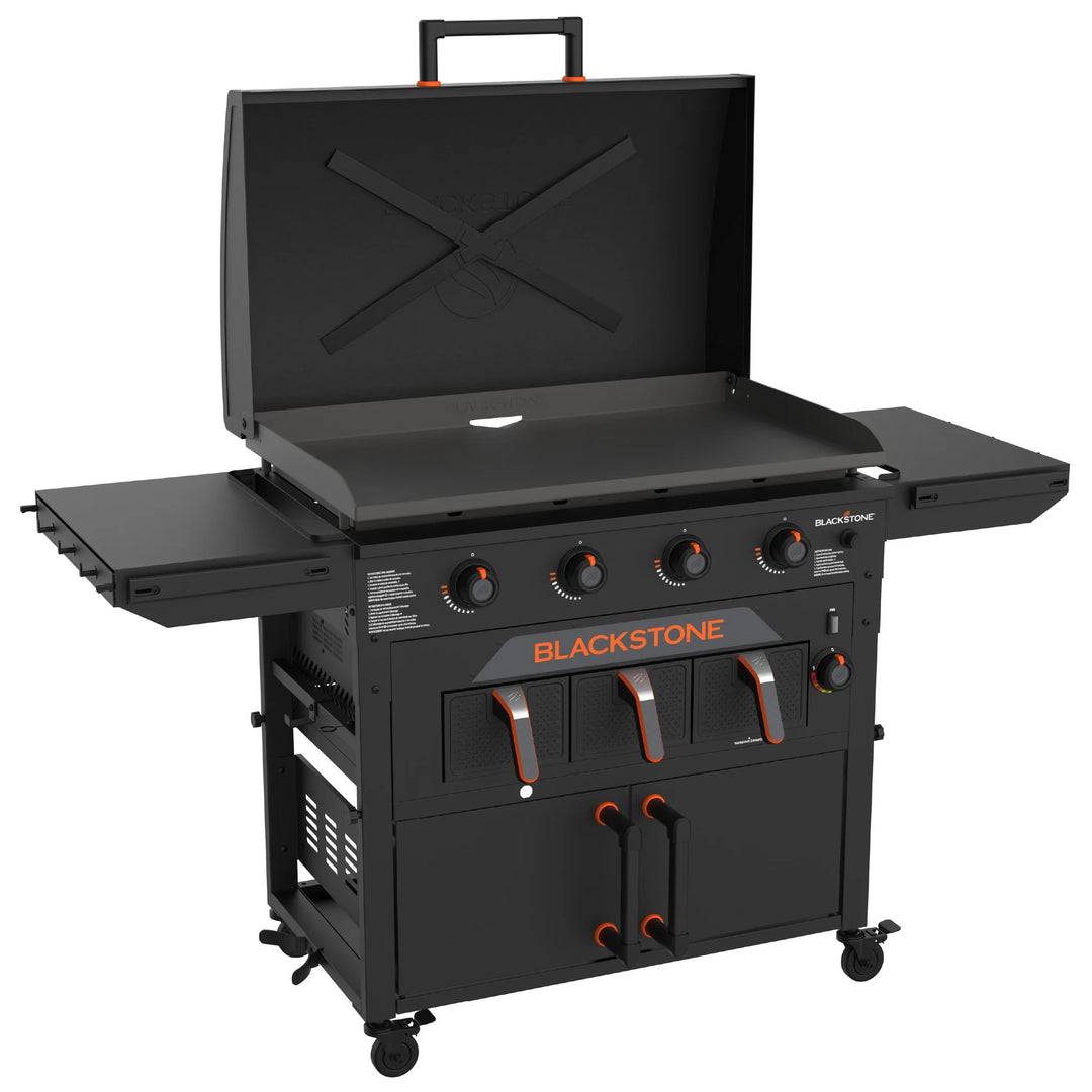 Blackstone Original 36” Griddle with Air Fryer Combo features a 36” Omnivore griddle plate with four independently controlled heat zones, dual air fryer drawers and warming drawer for versatile outdoor cooking capabilities.