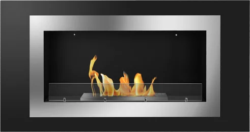 The Bio Flame Lorenzo Wall Mount Series Ethanol Fireplace features a brushed stainless steel fascia and tempered glass, producing up to 17,000 BTU in a vent-free design.