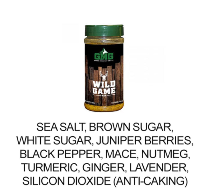 Wild Game Spice Rub by Green Mountain Grills - Rich, aromatic blend of juniper berries, black pepper, mace, nutmeg, turmeric, ginger, and lavender for enhanced flavor on venison, bear, bison, lamb, pork, and beef.