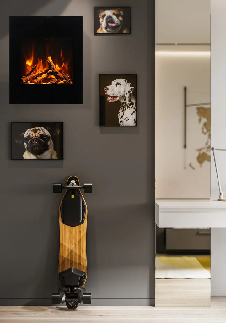 Amantii WM-BI-2428-VLR-BG Smart Electric Fireplace features vibrant multi-colored flame presentation, LED ember lights in 10-piece log set, and ambient canopy lighting with customizable colors.