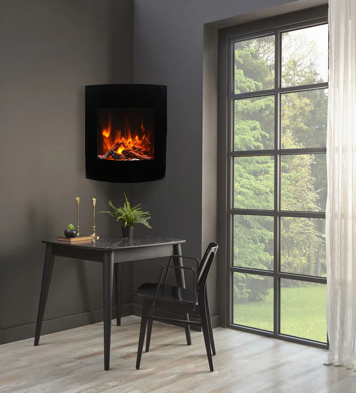 WM-BI-2428-VLR-BG Smart Electric Fireplace wall mount unit with corner design, black surround, and curved lines, featuring LED ember lights, thermostat hardwire readiness, and vibrant multi-colored flame presentation.