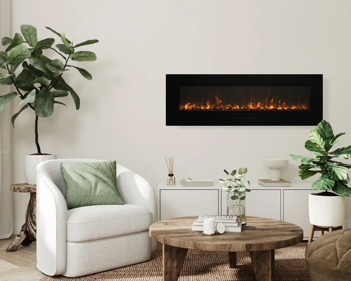 Amantii WM-FM-BG Wall Mount Electric Fireplace features vibrant, multi-colored flame presentation with 13 colors of surround back-lighting for ambiance and heat emission up to 5000 BTU.