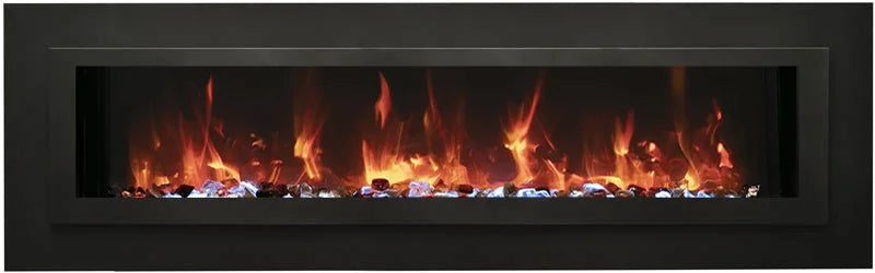 Amantii WM-FML-STL Linear Electric Fireplace features deep charcoal steel surround with touchpad control and clear decorative media.