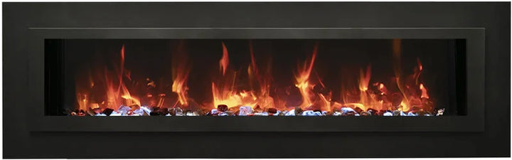 Amantii WM-FML-STL Linear Electric Fireplace features deep charcoal steel surround with touchpad control and clear decorative media.