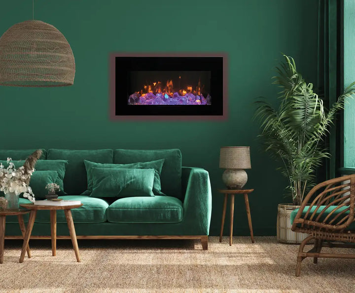 Amantii WM-FM-BG Wall Mount Electric Fireplace with glass surround, featuring vibrant multi-colored flame presentation and 13-color back-lighting options.