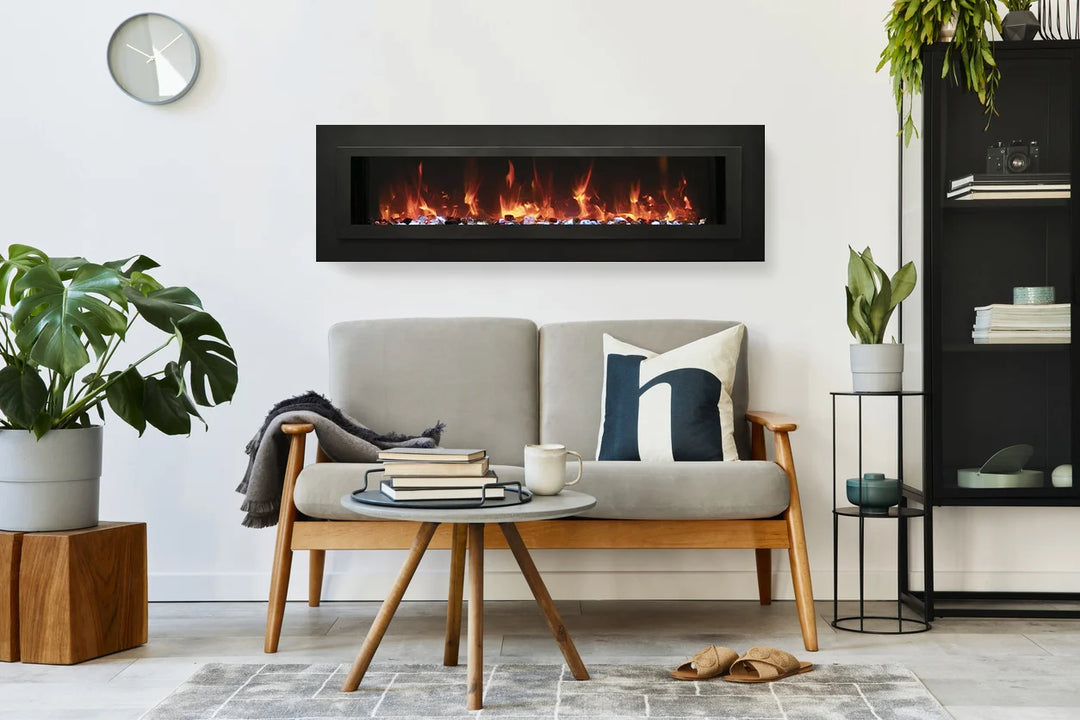 Amantii WM-FML-STL Linear Electric Fireplace featuring deep charcoal steel surround with touchpad controls and vibrant, multi-colored flame presentation.