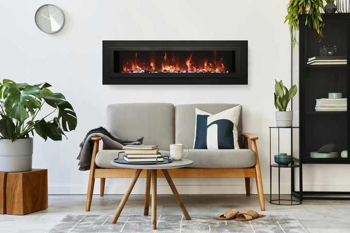 Amantii WM-FML-STL Linear Electric Fireplace featuring deep charcoal steel surround with touchpad controls and vibrant, multi-colored flame presentation.