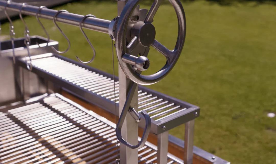 Tagwood BBQ Stainless Steel Warming Rack, maxing cooking flow with extra space for warming buns, holding cooked meats, or resting food while using Tagwood's Santa Maria-style height-adjustable system.