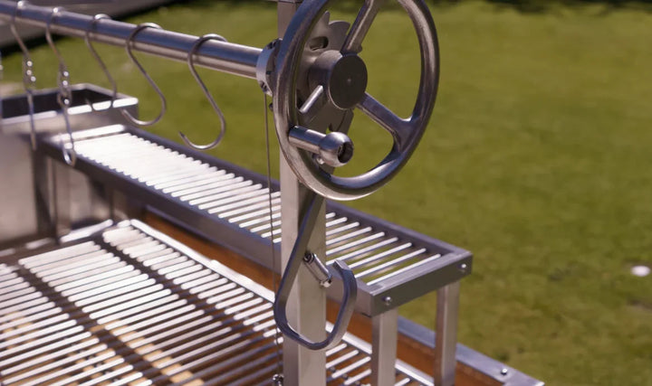 Tagwood BBQ Stainless Steel Warming Rack, maxing cooking flow with extra space for warming buns, holding cooked meats, or resting food while using Tagwood's Santa Maria-style height-adjustable system.