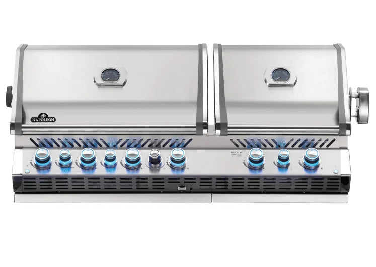Napoleon Prestige Pro 825 Built-in Gas Grill features two independent grill heads, infrared rotisserie burner, wood chip smoker tray, stainless steel WAVE cooking grids, and premium construction for exceptional grilling results and durability.