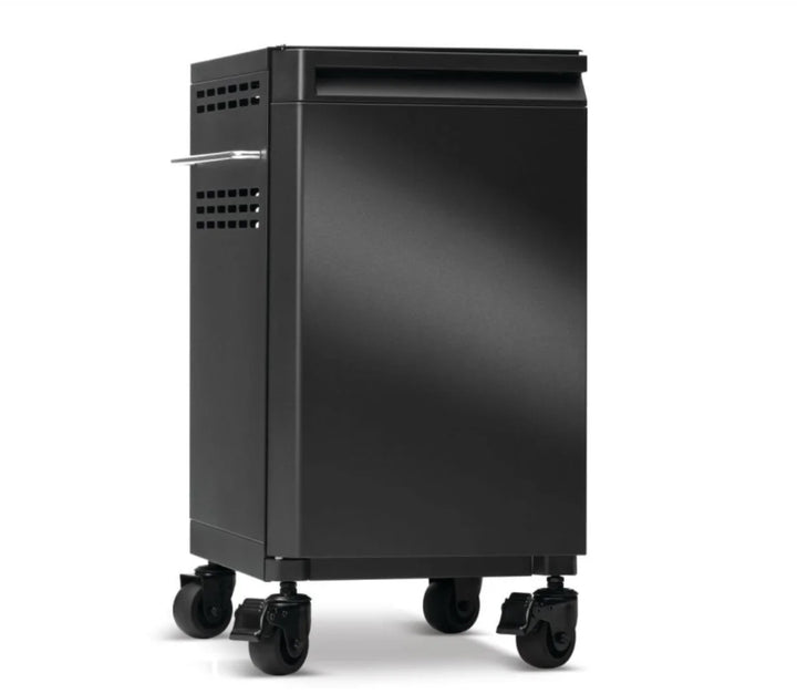 Napoleon Phantom Prestige Under Grill Storage Carts (Two Carts) - Two sleek, matte black storage cabinets featuring hidden top drawers, tool hooks, and towel-holder handles for optimized grilling organization and mobility.