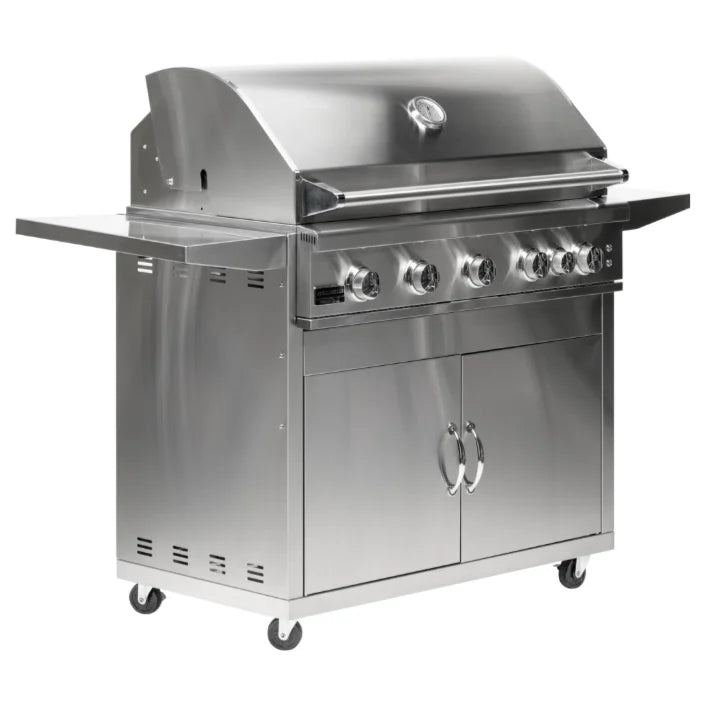 Broilmaster B-Series "Fully Loaded" 40" Portable Gas Grill featuring 5 bow tie burners, 70,000 BTUs, stainless steel grates and a rear infrared rotisserie burner for versatile outdoor cooking.