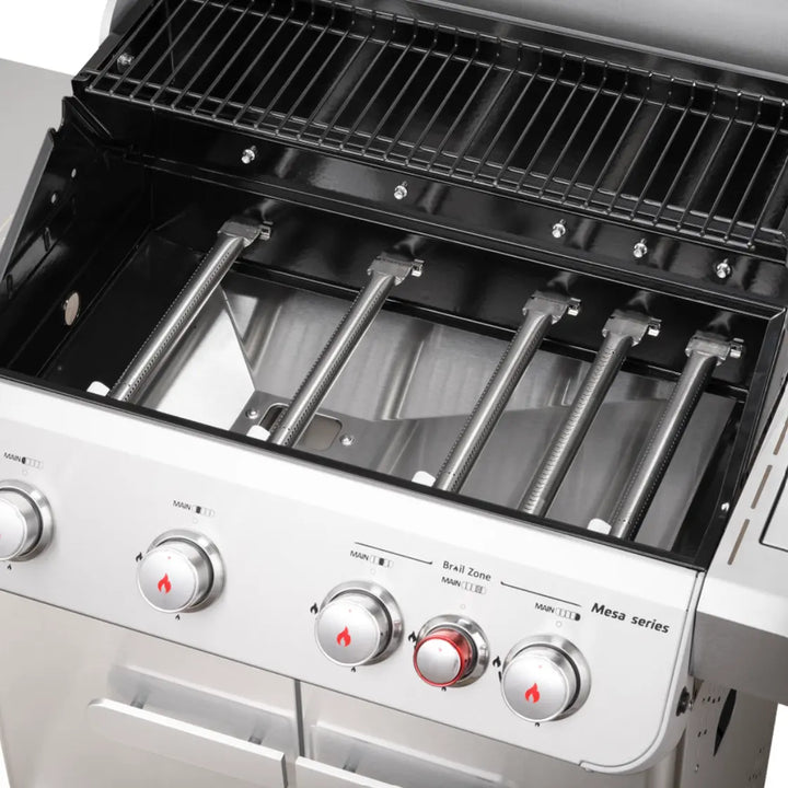 Monument Grills "M415BZ" Gas Grill - Mesa Series: High-performance 4-burner stainless steel propane gas grill featuring ClearView lid, infrared burner, side burner, and large cooking area with even heat distribution for precise grilling results.