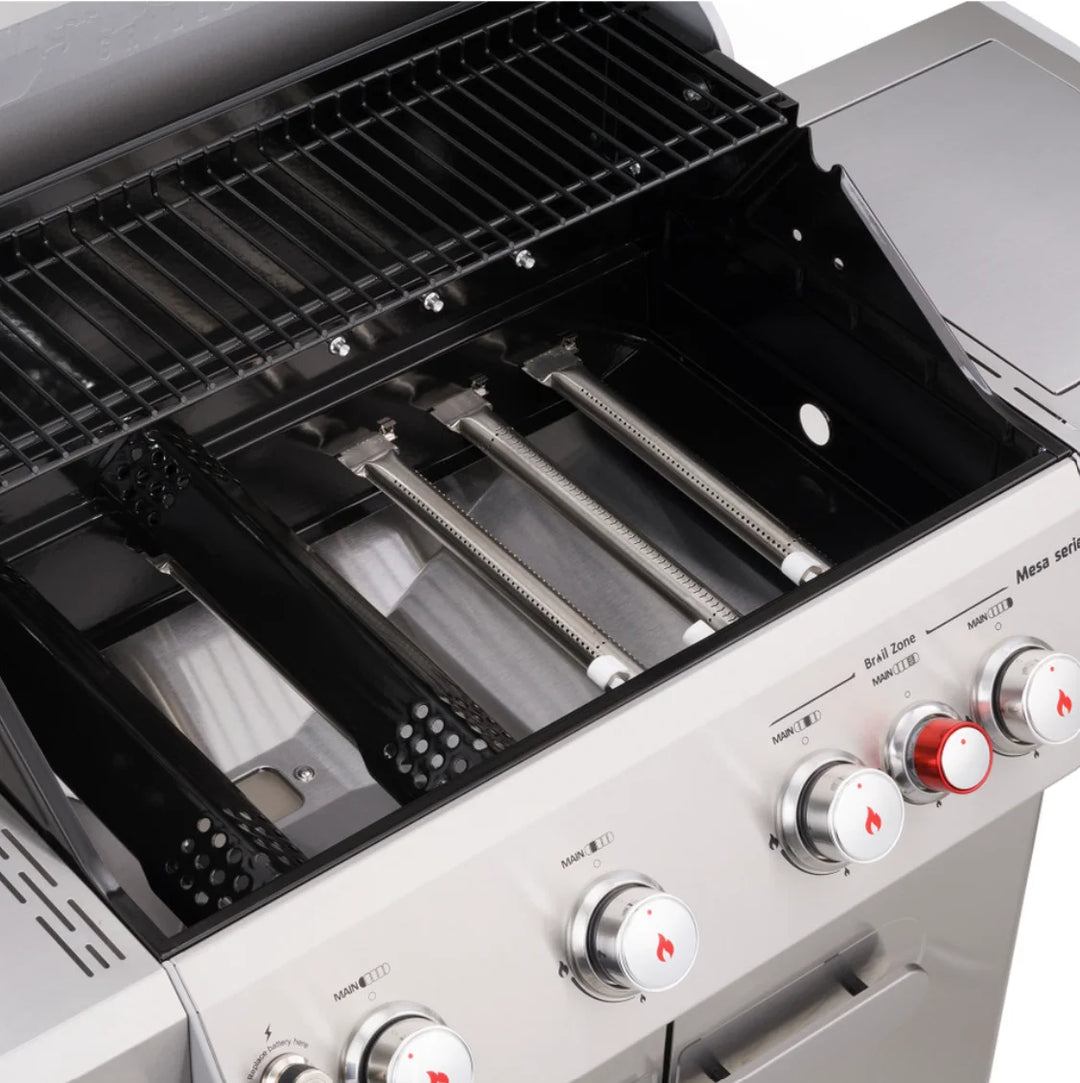Monument Grills 'M415BZ' Gas Grill - Mesa Series, stainless steel construction, 4 high-performance burners, infrared burner, side burner, clearview lid for monitoring food.