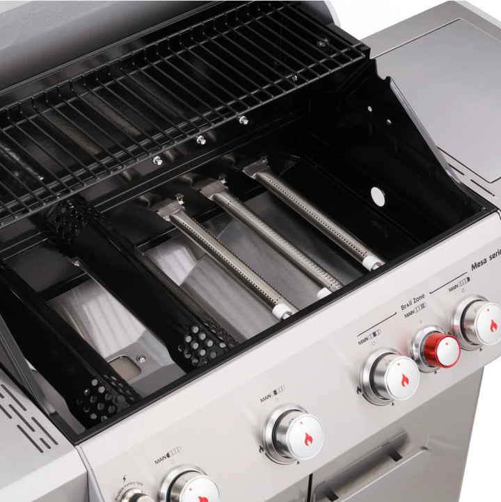 Monument Grills 'M415BZ' Gas Grill - Mesa Series, stainless steel construction, 4 high-performance burners, infrared burner, side burner, clearview lid for monitoring food.