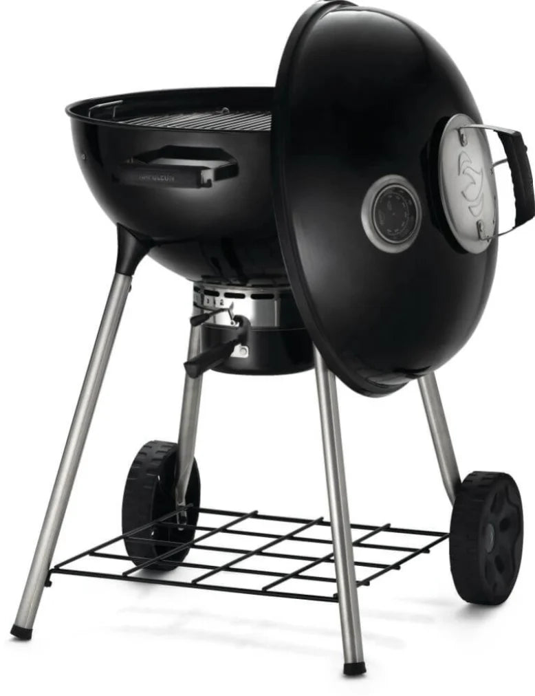 Napoleon Premium 22 Charcoal Kettle Grill features a Vortex heat management system for optimal grilling performance, adjustable air vents, and a porcelain-enameled lid and bowl for superior heat retention and durability.