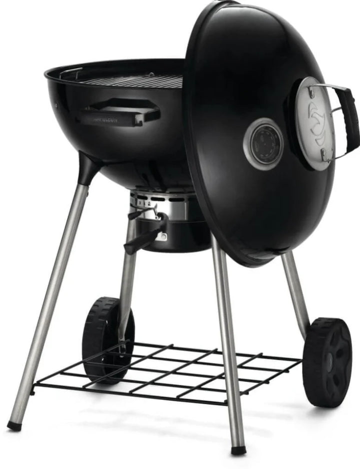 Napoleon Premium 22 Charcoal Kettle Grill features a Vortex heat management system for optimal grilling performance, adjustable air vents, and a porcelain-enameled lid and bowl for superior heat retention and durability.